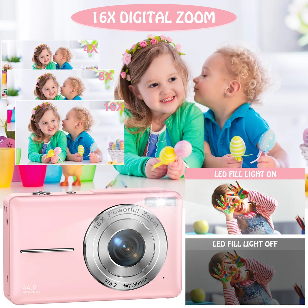 Digital Camera FHD1080P 44MP Vlogging Camera for Kids 2.4"LCD Screen Small Video Camera with 32G Card