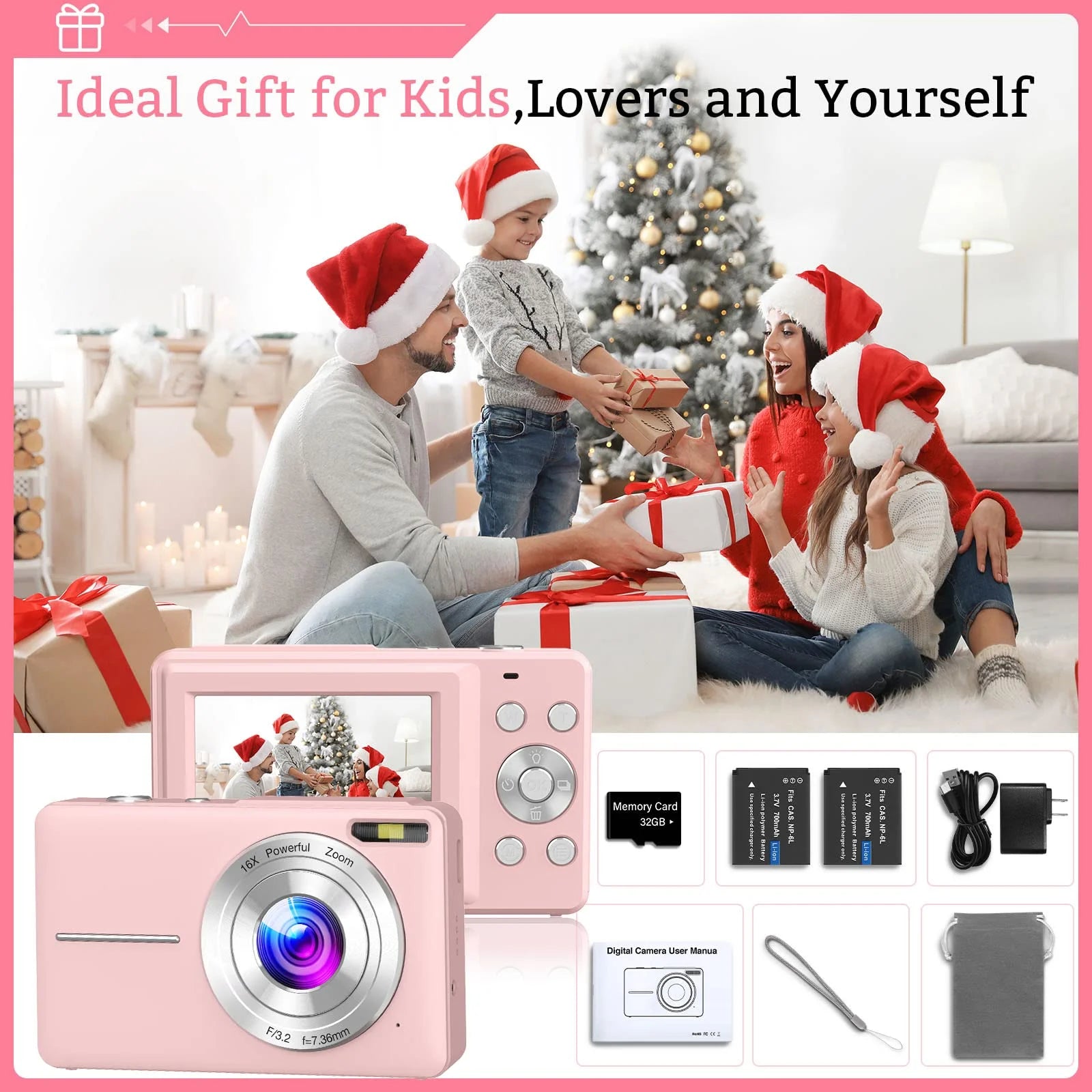 Digital Camera FHD1080P 44MP Vlogging Camera for Kids 2.4"LCD Screen Small Video Camera with 32G Card