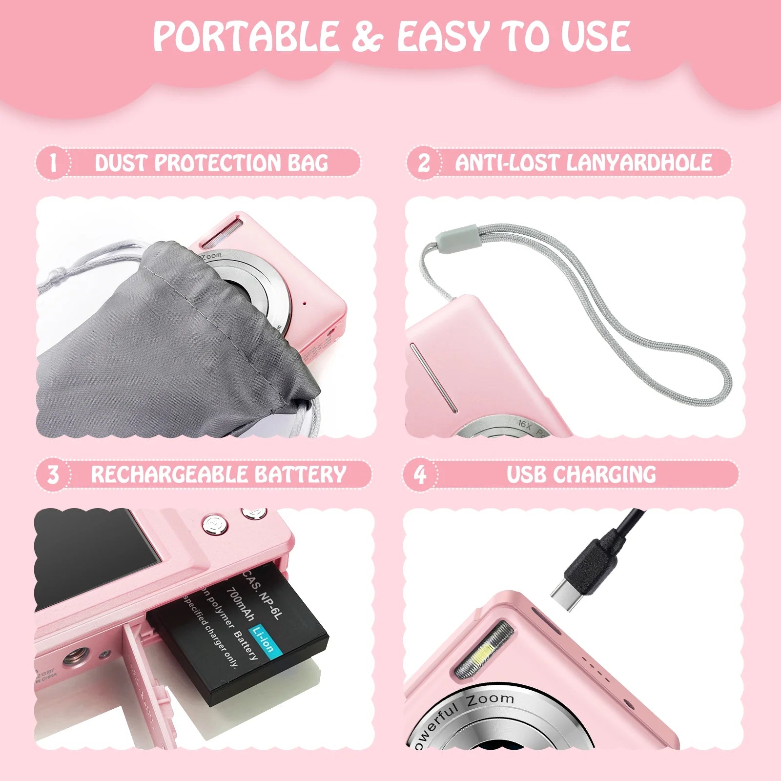 Digital Camera FHD1080P 44MP Vlogging Camera for Kids 2.4"LCD Screen Small Video Camera with 32G Card