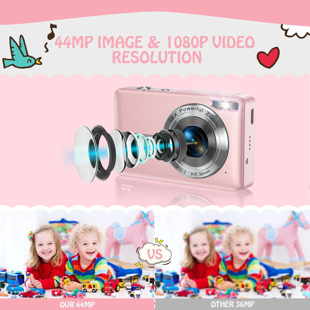 Digital Camera FHD1080P 44MP Vlogging Camera for Kids 2.4"LCD Screen Small Video Camera with 32G Card
